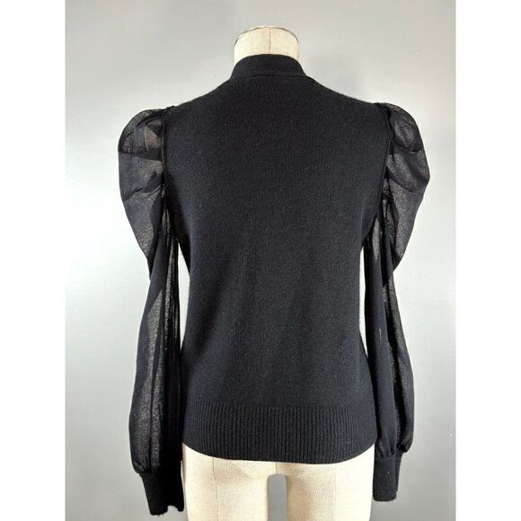 Neiman Marcus Cashmere Sheer Gauze Blouson-Sleeve Cardigan in Black Size M - Picture 4 of 6